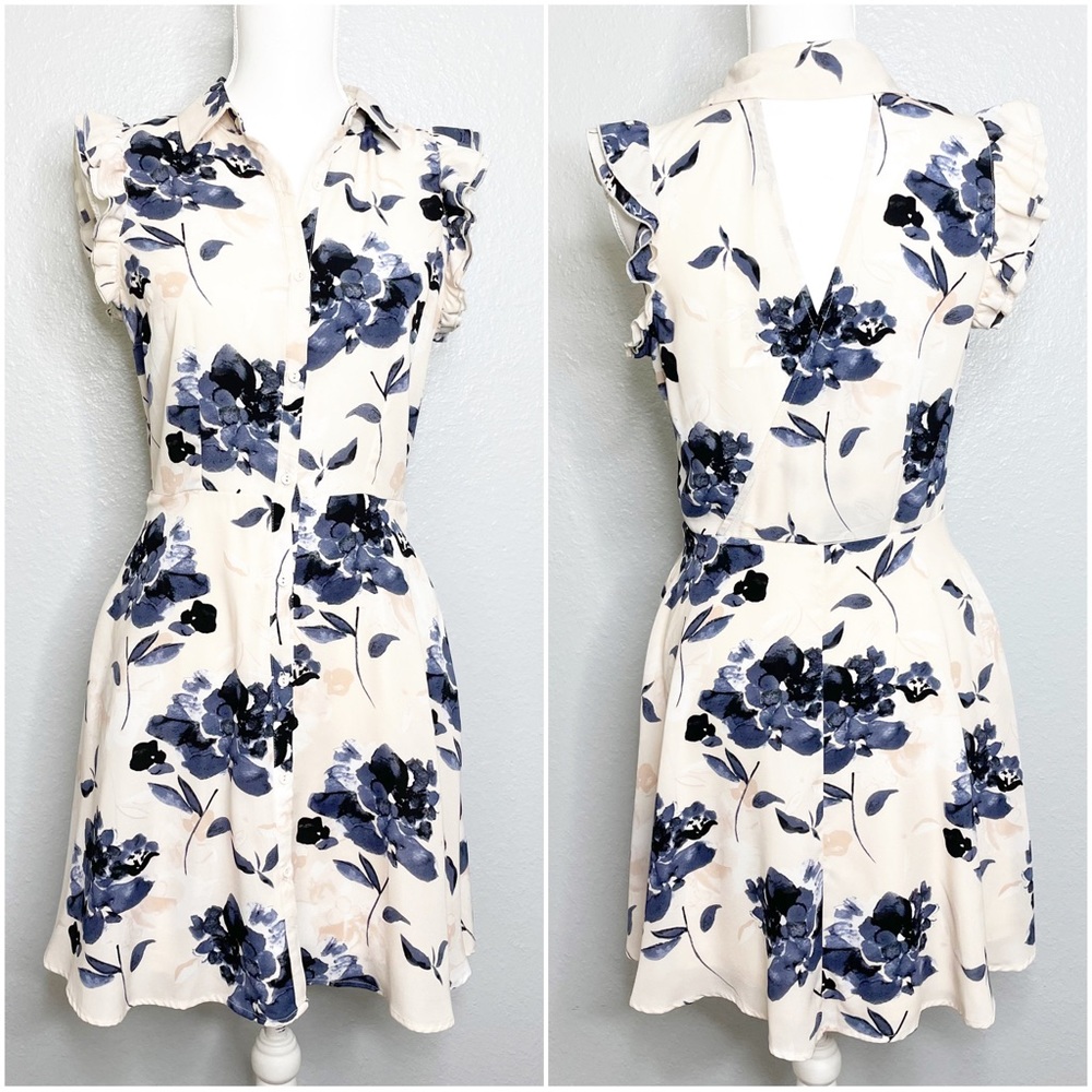 NWT Dex Pale Pink and Blue Floral Button Up Cross Back Dress Size Small